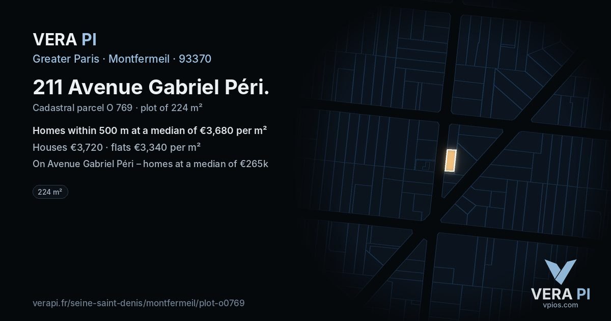 211 Avenue Gabriel Péri, Montfermeil at night – the plot lit, the parcels around coloured by the prices near them