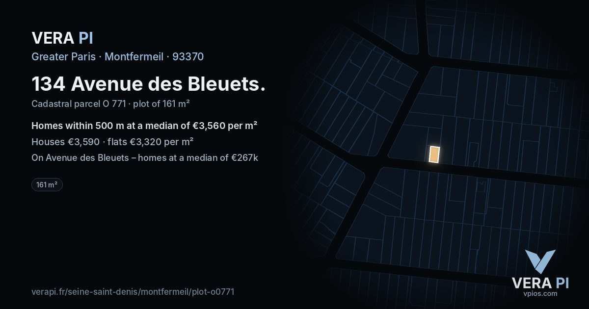 134 Avenue des Bleuets, Montfermeil at night – the plot lit, the parcels around coloured by the prices near them