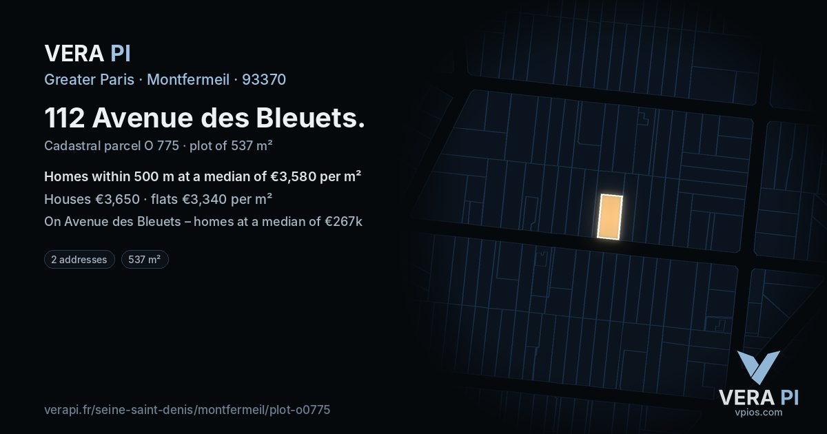 112 Avenue des Bleuets, Montfermeil at night – the plot lit, the parcels around coloured by the prices near them
