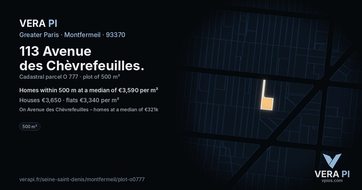 113 Avenue des Chèvrefeuilles, Montfermeil at night – the plot lit, the parcels around coloured by the prices near them