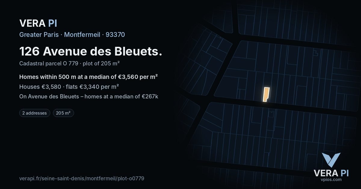 126 Avenue des Bleuets, Montfermeil at night – the plot lit, the parcels around coloured by the prices near them