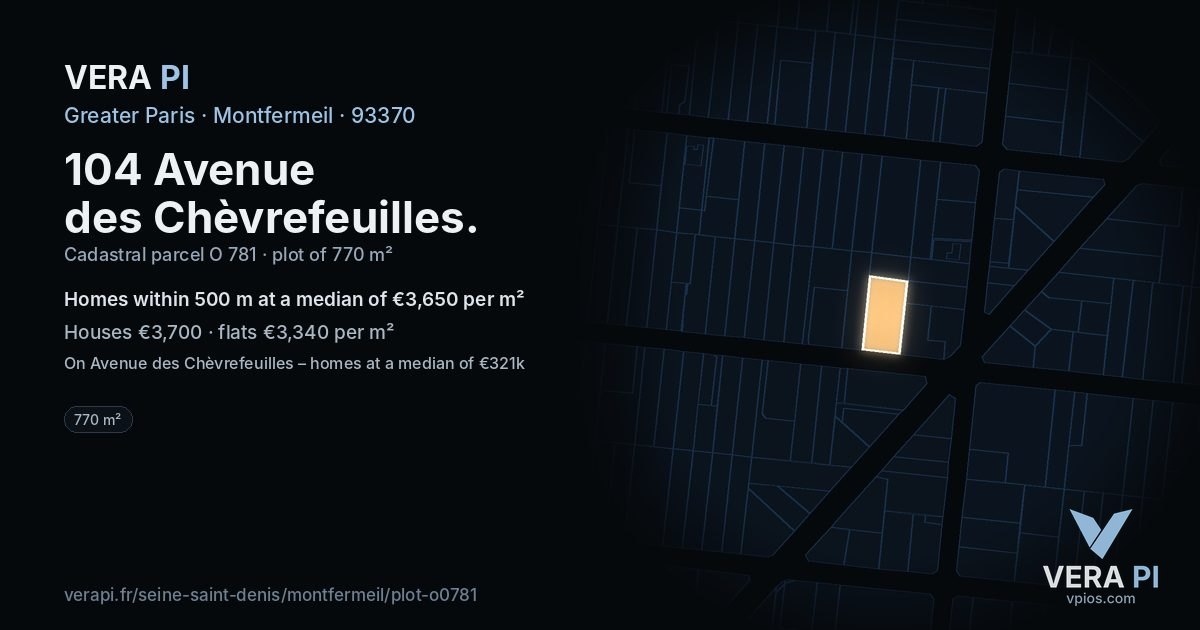 104 Avenue des Chèvrefeuilles, Montfermeil at night – the plot lit, the parcels around coloured by the prices near them