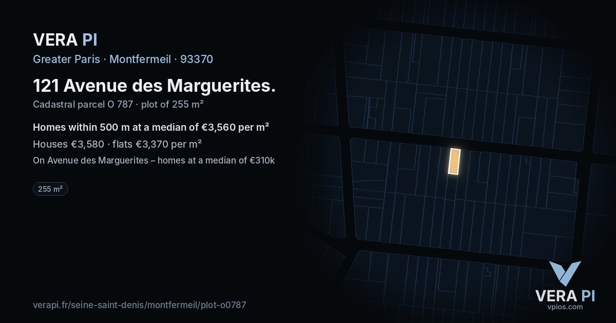 121 Avenue des Marguerites, Montfermeil at night – the plot lit, the parcels around coloured by the prices near them