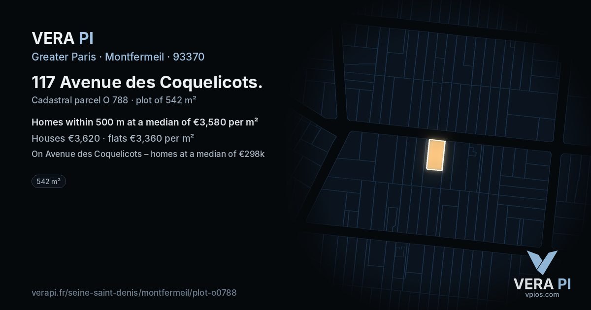 117 Avenue des Coquelicots, Montfermeil at night – the plot lit, the parcels around coloured by the prices near them