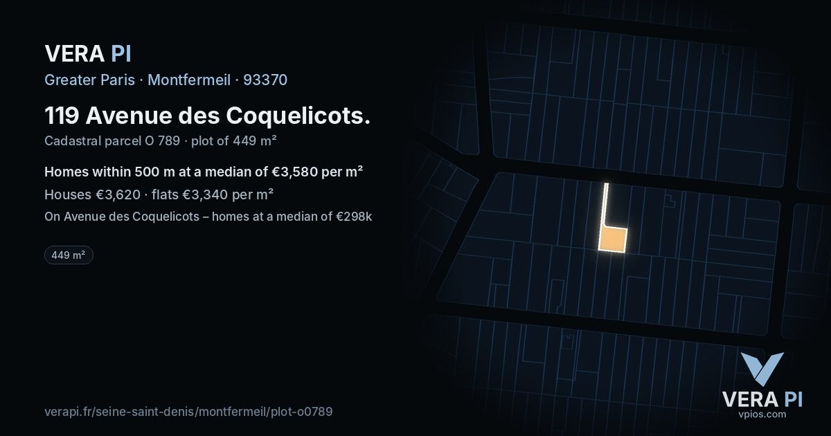 119 Avenue des Coquelicots, Montfermeil at night – the plot lit, the parcels around coloured by the prices near them