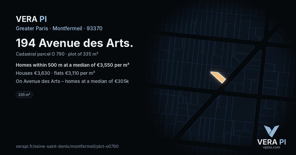 194 Avenue des Arts, Montfermeil at night – the plot lit, the parcels around coloured by the prices near them