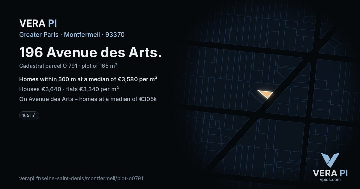 196 Avenue des Arts, Montfermeil at night – the plot lit, the parcels around coloured by the prices near them