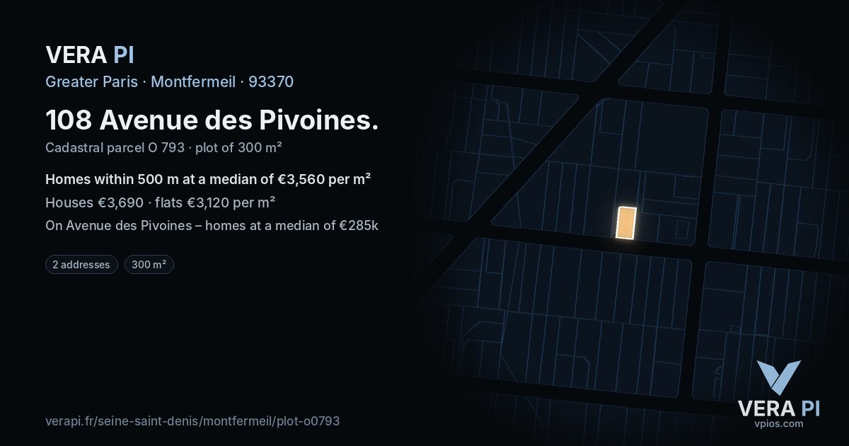 108 Avenue des Pivoines, Montfermeil at night – the plot lit, the parcels around coloured by the prices near them