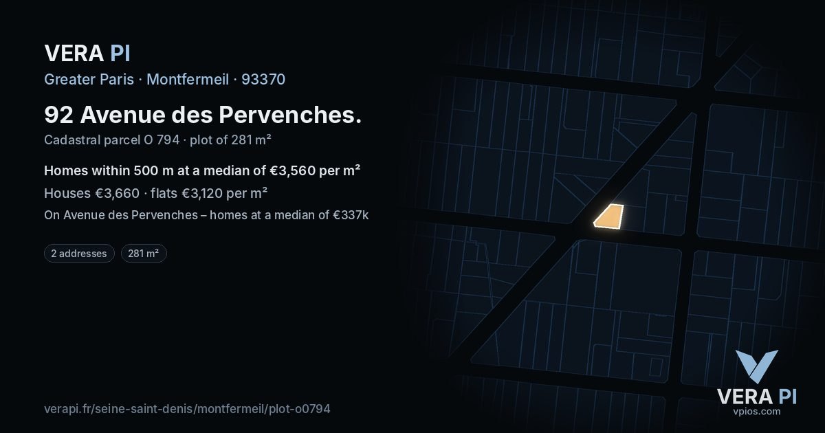 92 Avenue des Pervenches, Montfermeil at night – the plot lit, the parcels around coloured by the prices near them