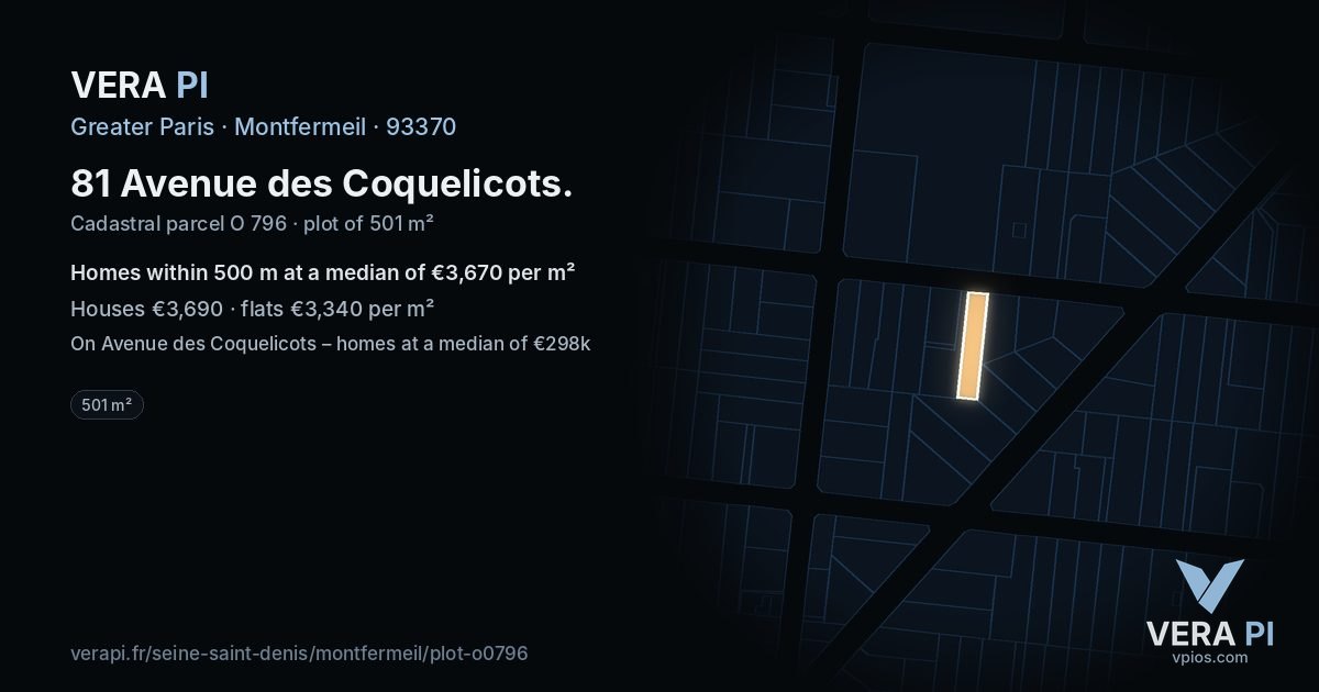81 Avenue des Coquelicots, Montfermeil at night – the plot lit, the parcels around coloured by the prices near them
