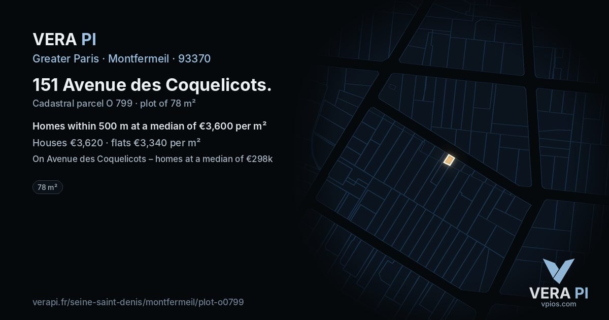 151 Avenue des Coquelicots, Montfermeil at night – the plot lit, the parcels around coloured by the prices near them