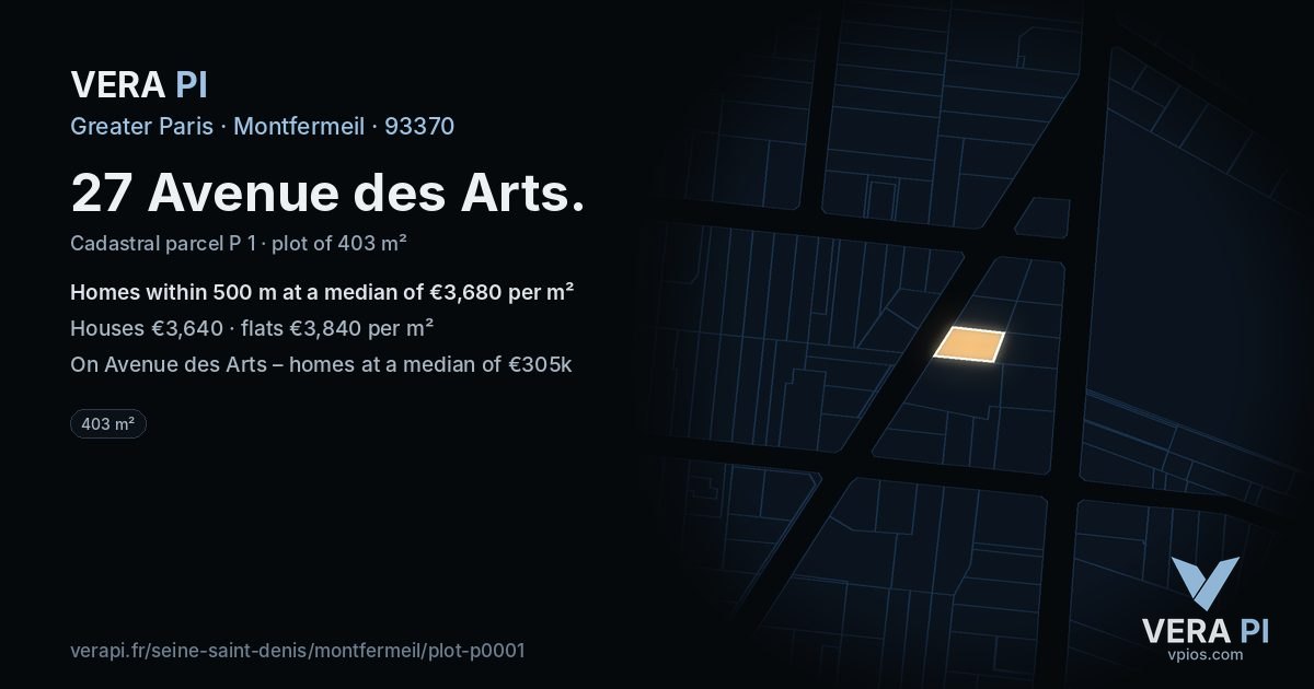 27 Avenue des Arts, Montfermeil at night – the plot lit, the parcels around coloured by the prices near them
