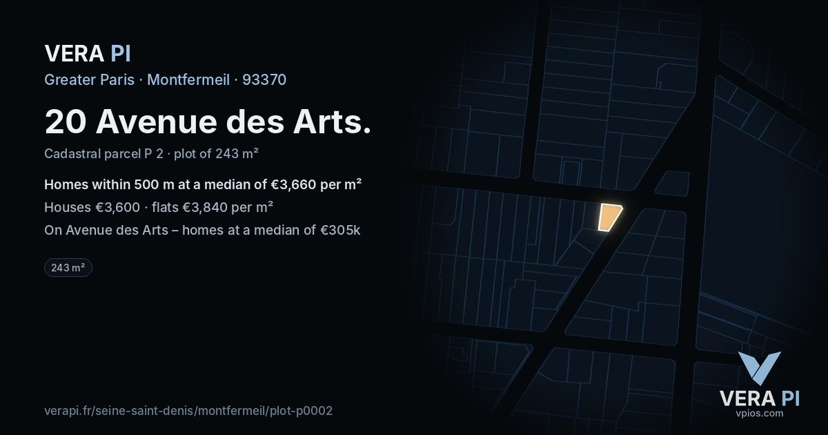 20 Avenue des Arts, Montfermeil at night – the plot lit, the parcels around coloured by the prices near them