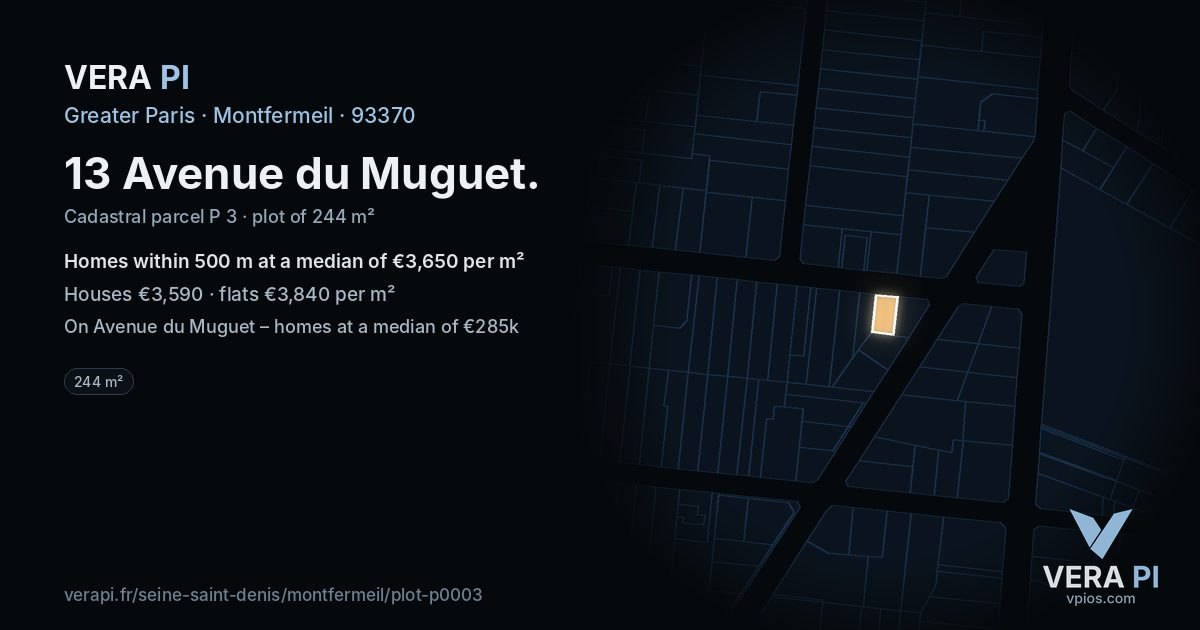 13 Avenue du Muguet, Montfermeil at night – the plot lit, the parcels around coloured by the prices near them