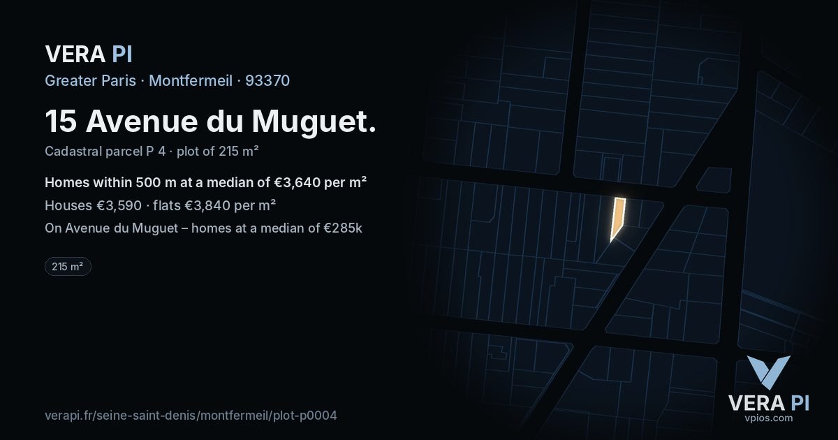 15 Avenue du Muguet, Montfermeil at night – the plot lit, the parcels around coloured by the prices near them