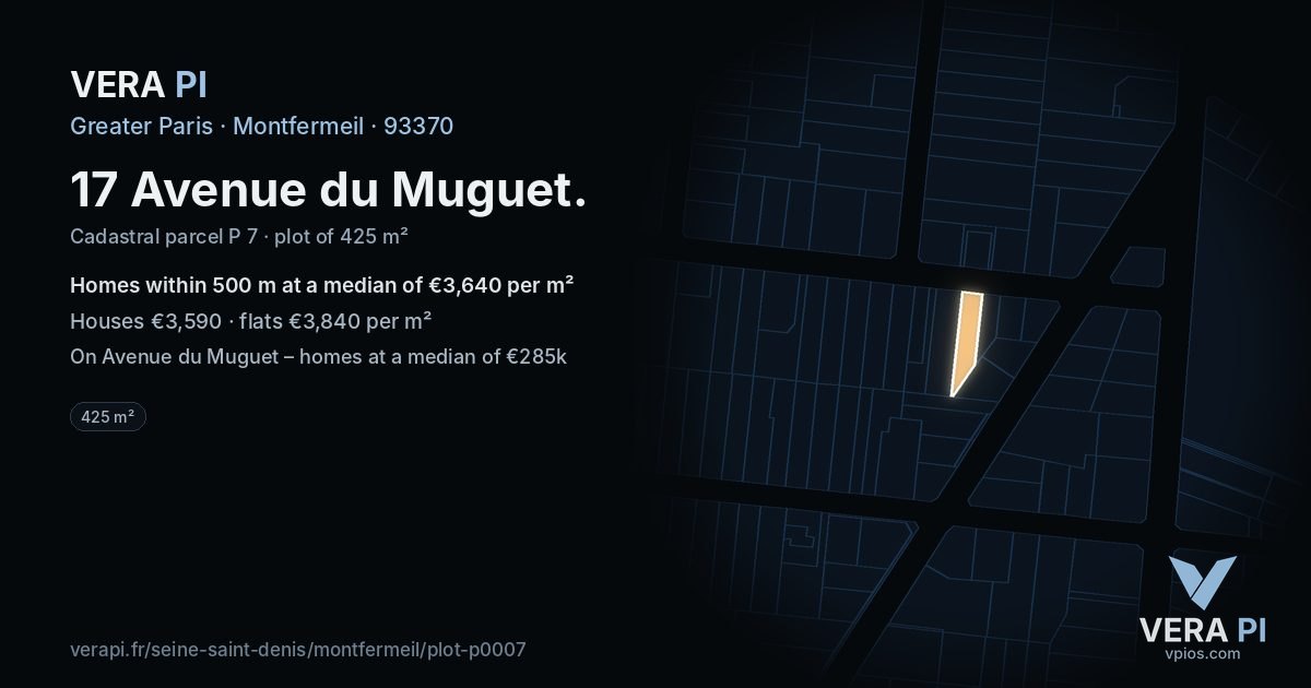 17 Avenue du Muguet, Montfermeil at night – the plot lit, the parcels around coloured by the prices near them