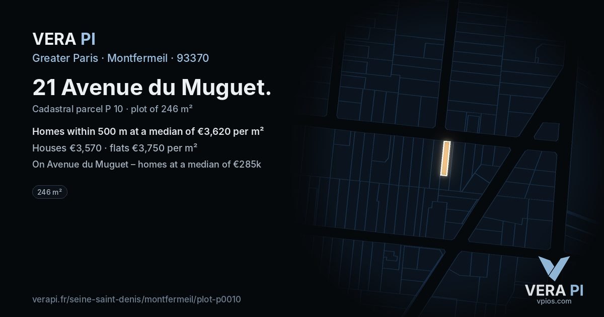 21 Avenue du Muguet, Montfermeil at night – the plot lit, the parcels around coloured by the prices near them