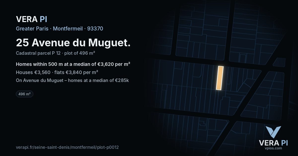 25 Avenue du Muguet, Montfermeil at night – the plot lit, the parcels around coloured by the prices near them