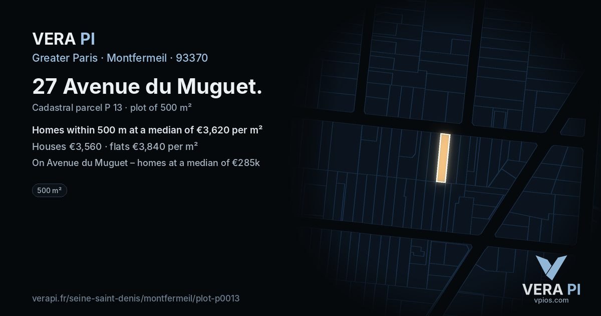 27 Avenue du Muguet, Montfermeil at night – the plot lit, the parcels around coloured by the prices near them