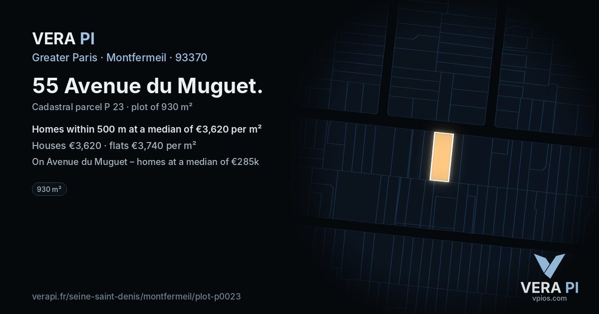55 Avenue du Muguet, Montfermeil at night – the plot lit, the parcels around coloured by the prices near them