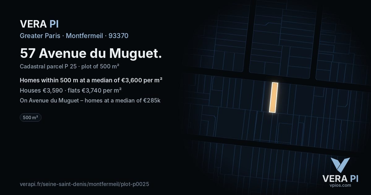 57 Avenue du Muguet, Montfermeil at night – the plot lit, the parcels around coloured by the prices near them