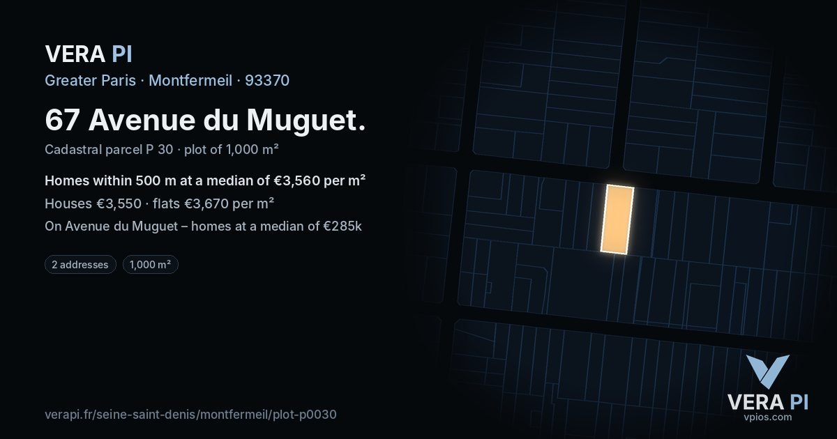 67 Avenue du Muguet, Montfermeil at night – the plot lit, the parcels around coloured by the prices near them