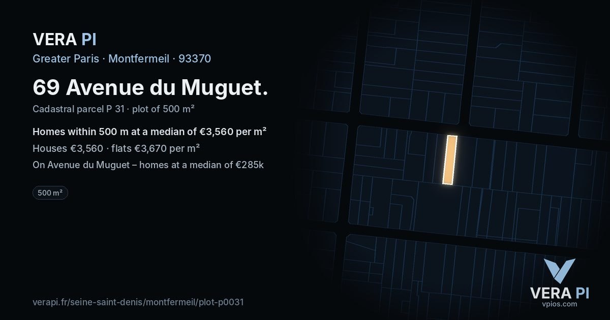 69 Avenue du Muguet, Montfermeil at night – the plot lit, the parcels around coloured by the prices near them