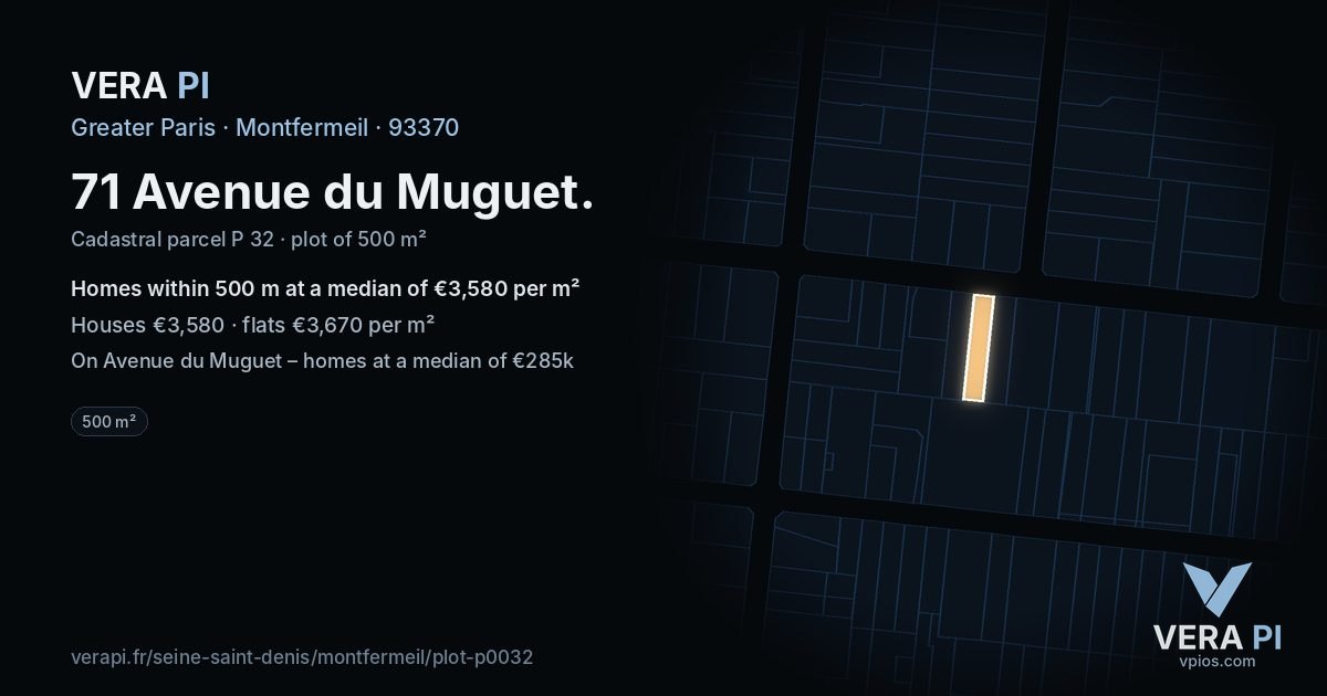 71 Avenue du Muguet, Montfermeil at night – the plot lit, the parcels around coloured by the prices near them