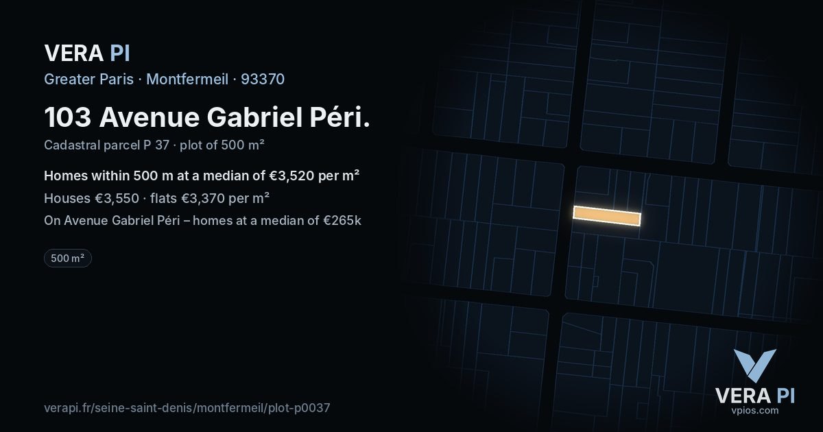 103 Avenue Gabriel Péri, Montfermeil at night – the plot lit, the parcels around coloured by the prices near them