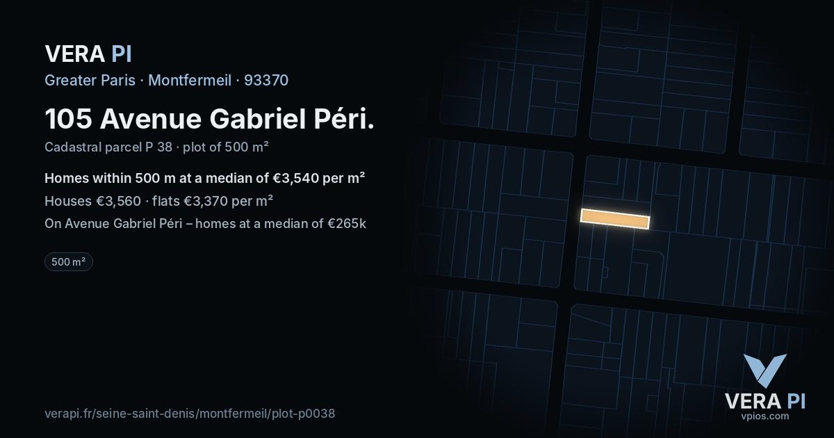 105 Avenue Gabriel Péri, Montfermeil at night – the plot lit, the parcels around coloured by the prices near them