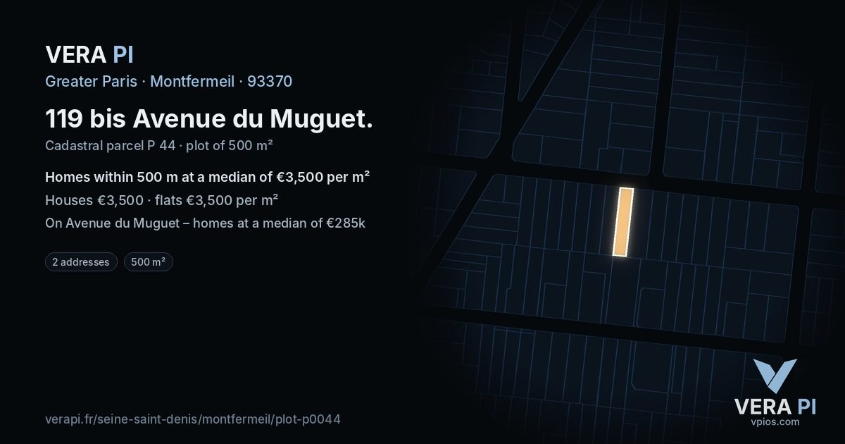 119 bis Avenue du Muguet, Montfermeil at night – the plot lit, the parcels around coloured by the prices near them