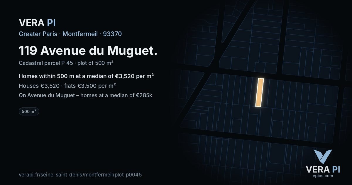 119 Avenue du Muguet, Montfermeil at night – the plot lit, the parcels around coloured by the prices near them