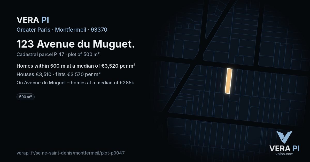 123 Avenue du Muguet, Montfermeil at night – the plot lit, the parcels around coloured by the prices near them