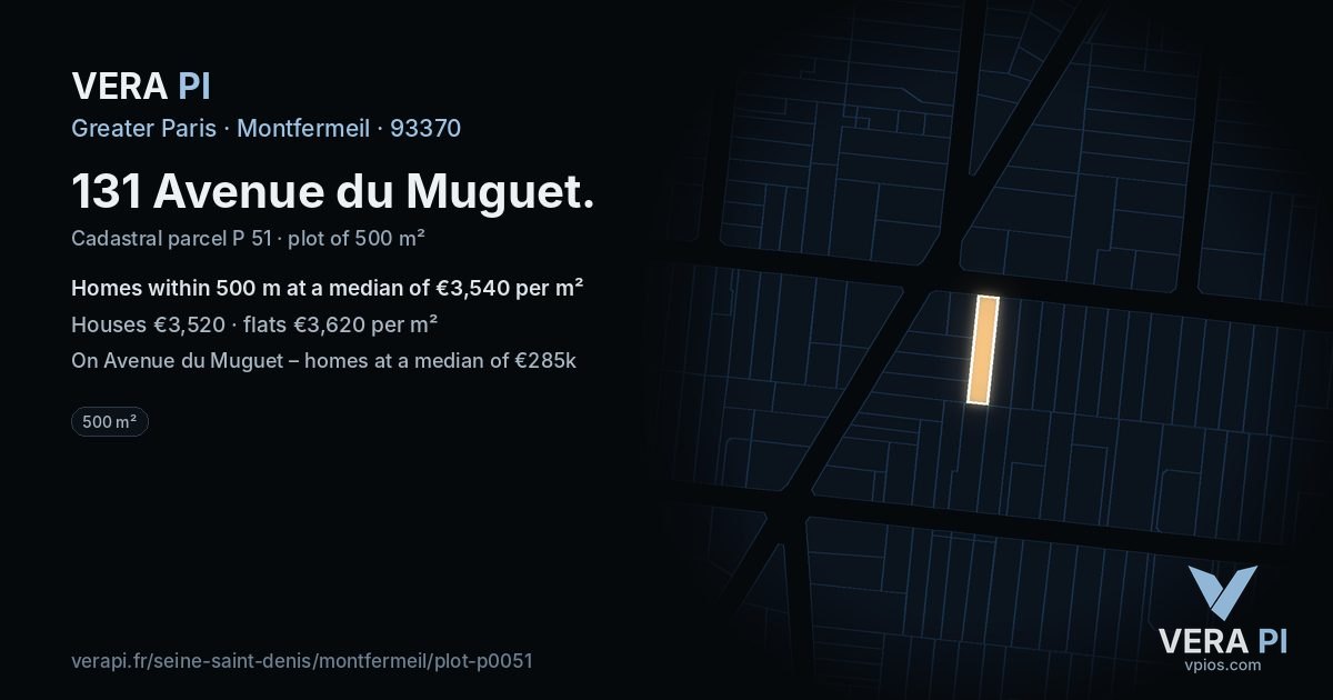 131 Avenue du Muguet, Montfermeil at night – the plot lit, the parcels around coloured by the prices near them