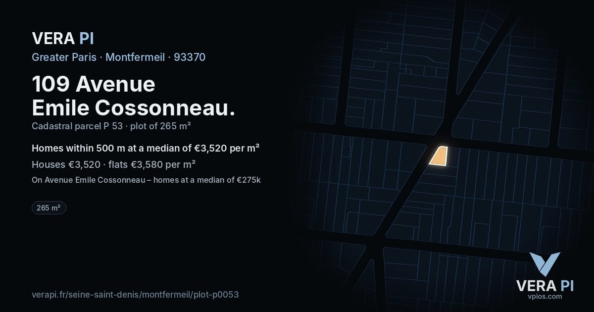 109 Avenue Emile Cossonneau, Montfermeil at night – the plot lit, the parcels around coloured by the prices near them