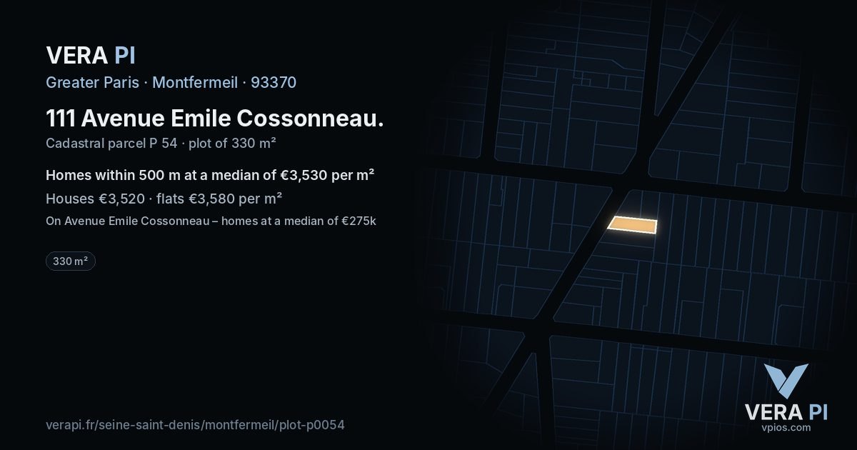 111 Avenue Emile Cossonneau, Montfermeil at night – the plot lit, the parcels around coloured by the prices near them