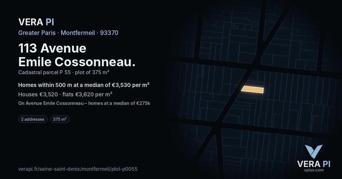 113 Avenue Emile Cossonneau, Montfermeil at night – the plot lit, the parcels around coloured by the prices near them