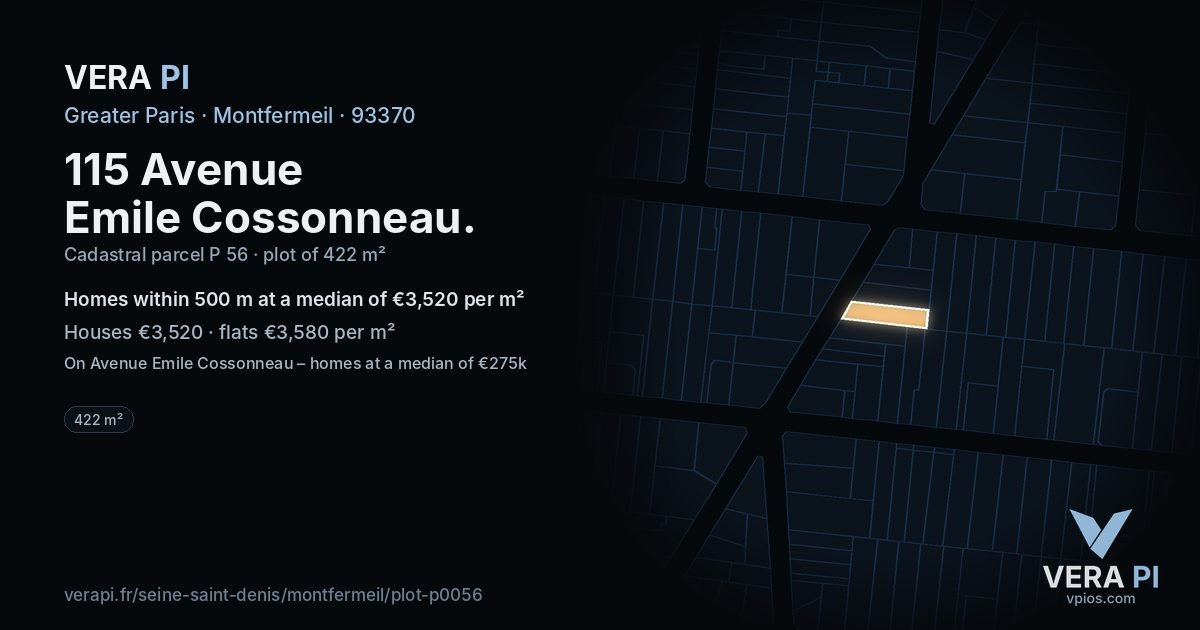 115 Avenue Emile Cossonneau, Montfermeil at night – the plot lit, the parcels around coloured by the prices near them