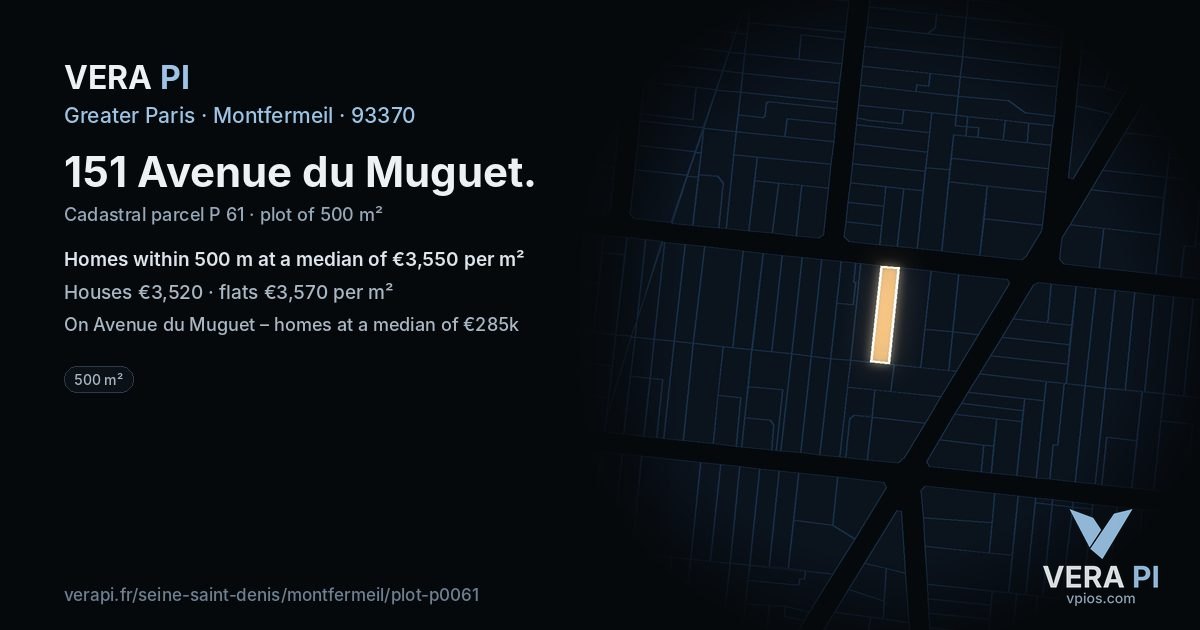 151 Avenue du Muguet, Montfermeil at night – the plot lit, the parcels around coloured by the prices near them