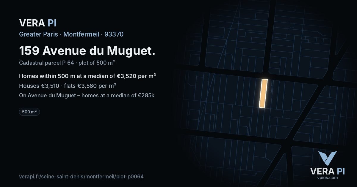 159 Avenue du Muguet, Montfermeil at night – the plot lit, the parcels around coloured by the prices near them