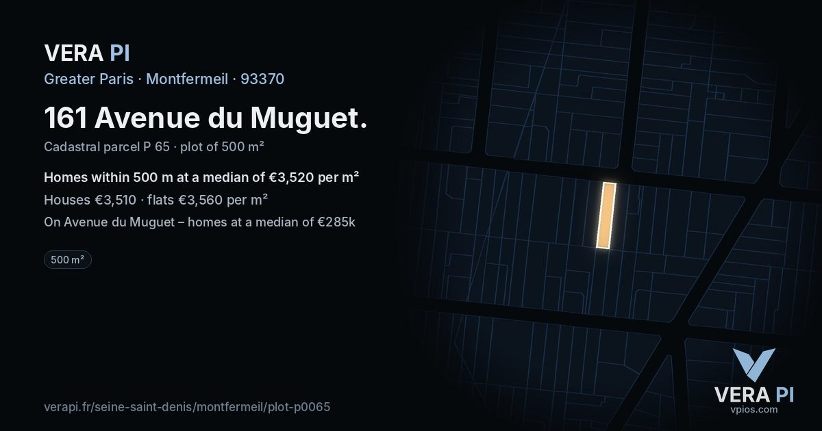 161 Avenue du Muguet, Montfermeil at night – the plot lit, the parcels around coloured by the prices near them