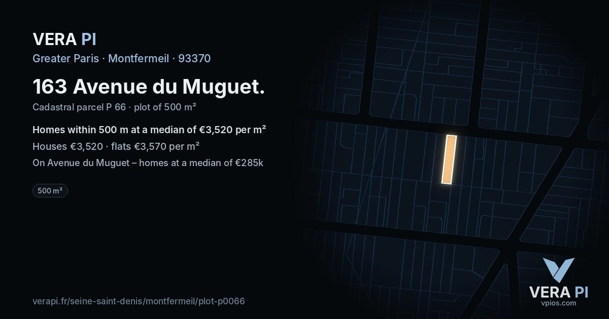 163 Avenue du Muguet, Montfermeil at night – the plot lit, the parcels around coloured by the prices near them