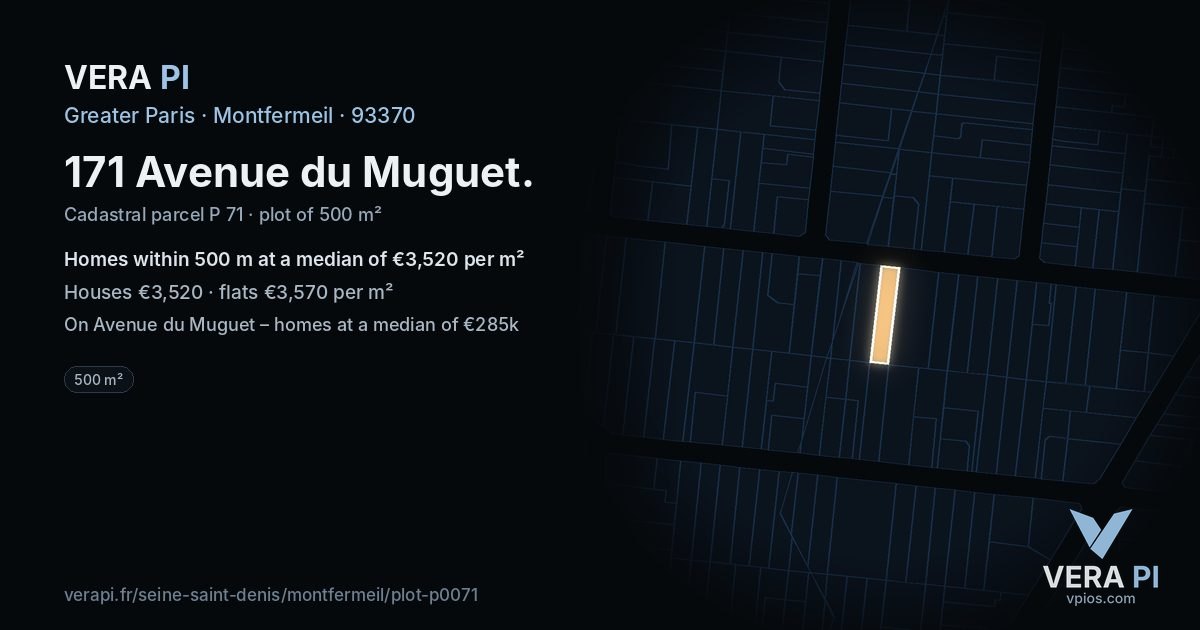 171 Avenue du Muguet, Montfermeil at night – the plot lit, the parcels around coloured by the prices near them
