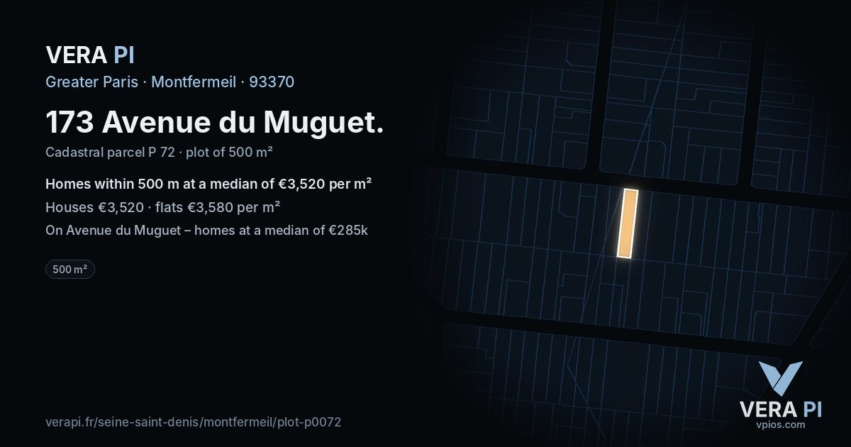 173 Avenue du Muguet, Montfermeil at night – the plot lit, the parcels around coloured by the prices near them