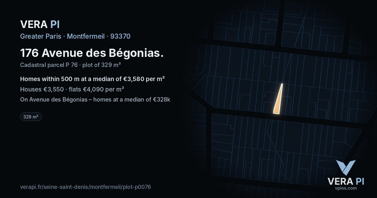176 Avenue des Bégonias, Montfermeil at night – the plot lit, the parcels around coloured by the prices near them
