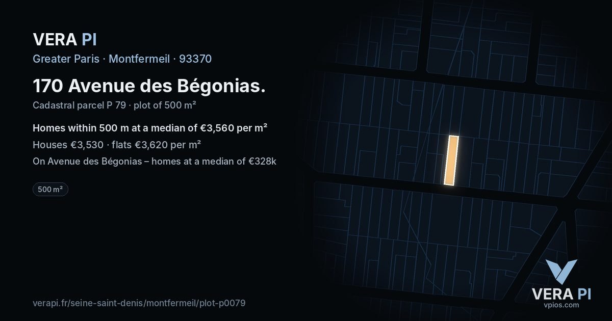170 Avenue des Bégonias, Montfermeil at night – the plot lit, the parcels around coloured by the prices near them