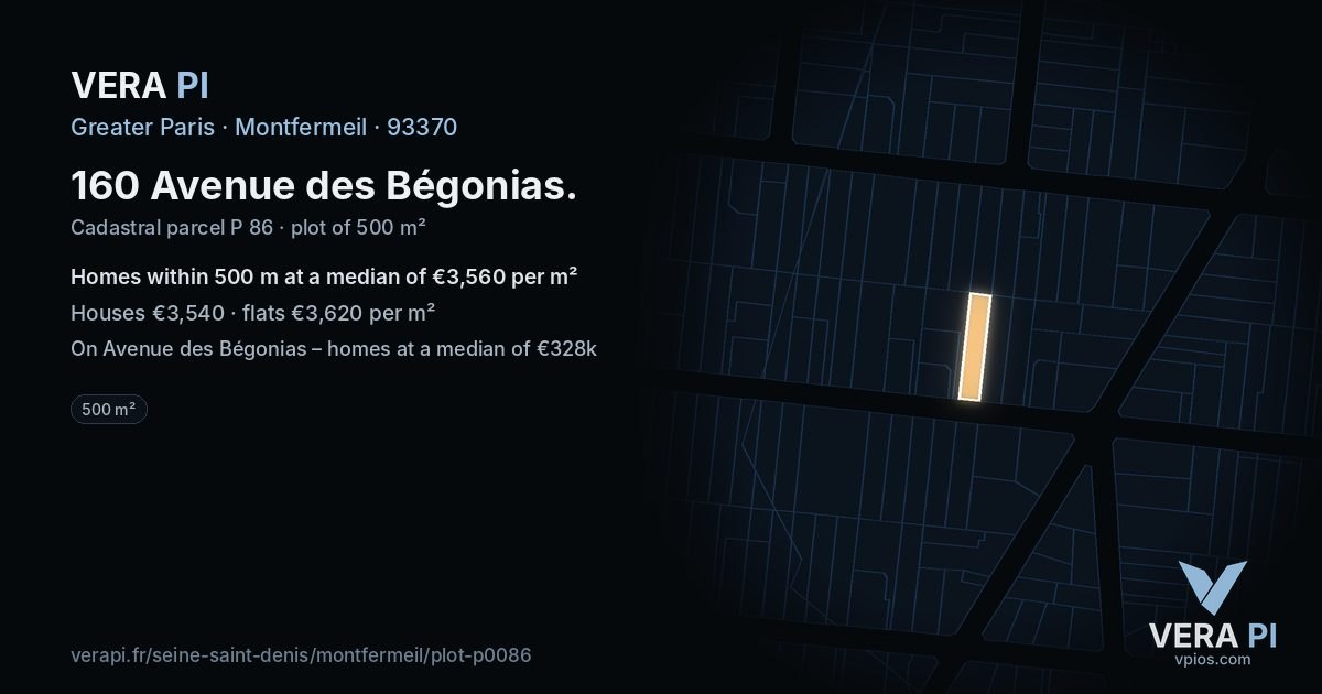 160 Avenue des Bégonias, Montfermeil at night – the plot lit, the parcels around coloured by the prices near them