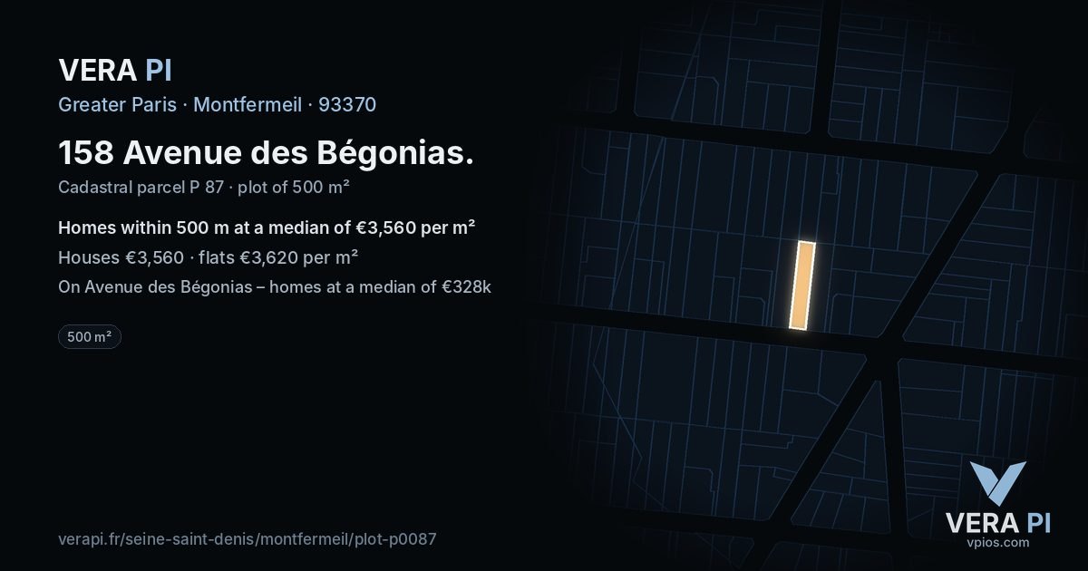 158 Avenue des Bégonias, Montfermeil at night – the plot lit, the parcels around coloured by the prices near them
