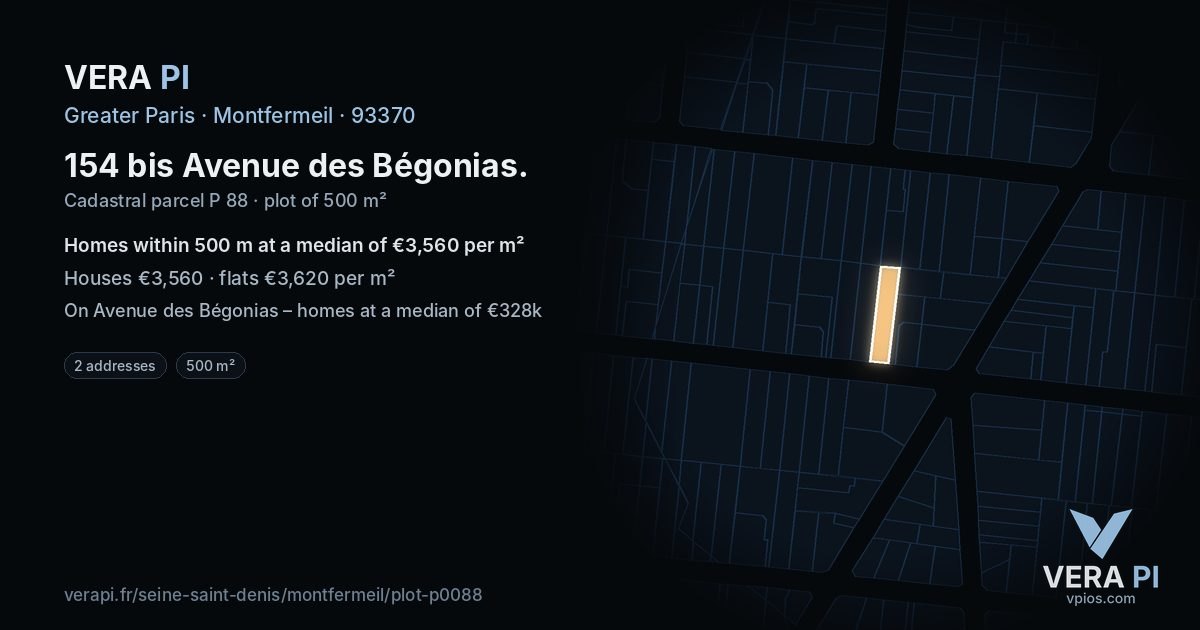 154 bis Avenue des Bégonias, Montfermeil at night – the plot lit, the parcels around coloured by the prices near them