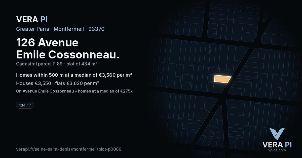 126 Avenue Emile Cossonneau, Montfermeil at night – the plot lit, the parcels around coloured by the prices near them